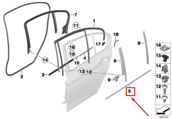 BMW 3 F30 Rear Right Door Outer Channel Seal 51357496142 7496142 ORIGINAL