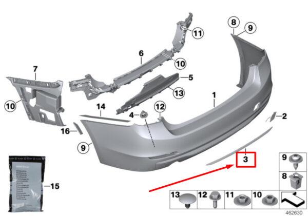 BMW 3 F30 Rear Bumper Center Molding 7384573 51127384573 ORIGINAL