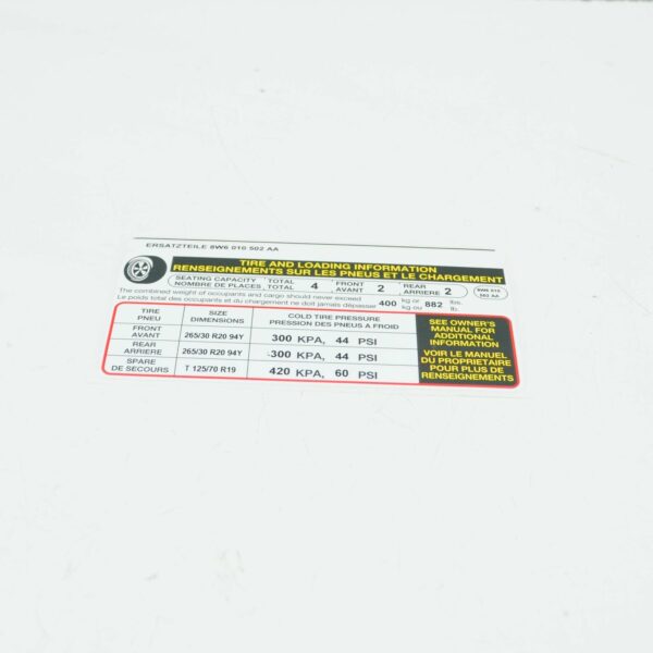AUDI A5 Cabrio 8W6 Tire Information Label 8W601050 ORIGINAL - Image 2