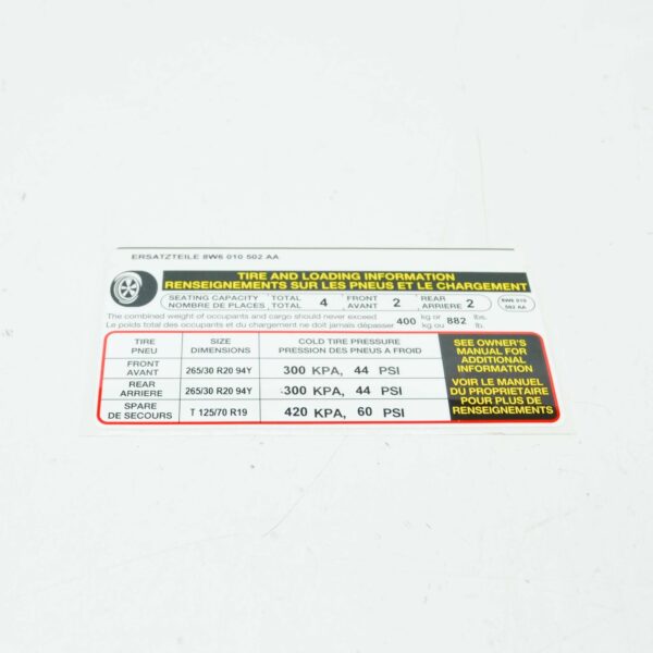 AUDI A5 Cabrio 8W6 Tire Information Label 8W601050 ORIGINAL - Image 4