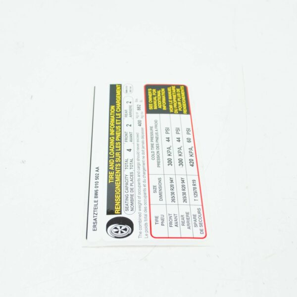 AUDI A5 Cabrio 8W6 Tire Information Label 8W601050 ORIGINAL - Image 5