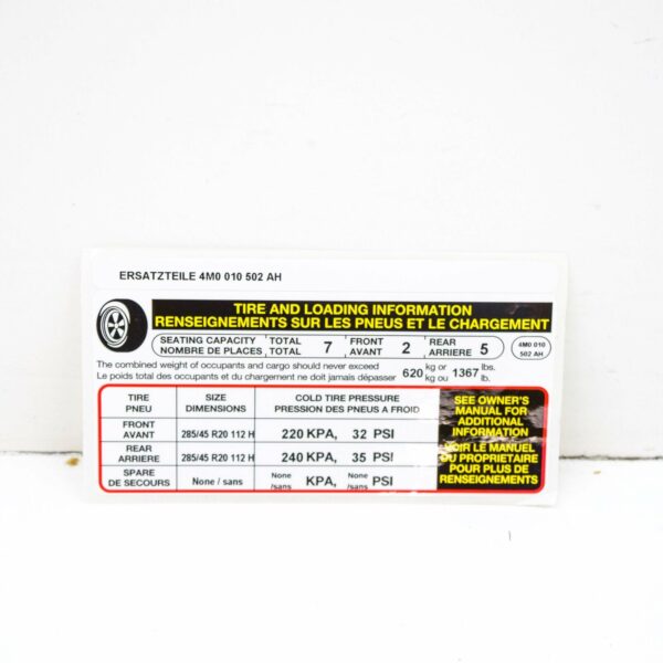 NEW AUDI Q7 4M TYRE PRESSURE NOTICE LABEL 4M0010502AH ORIGINAL - Image 2