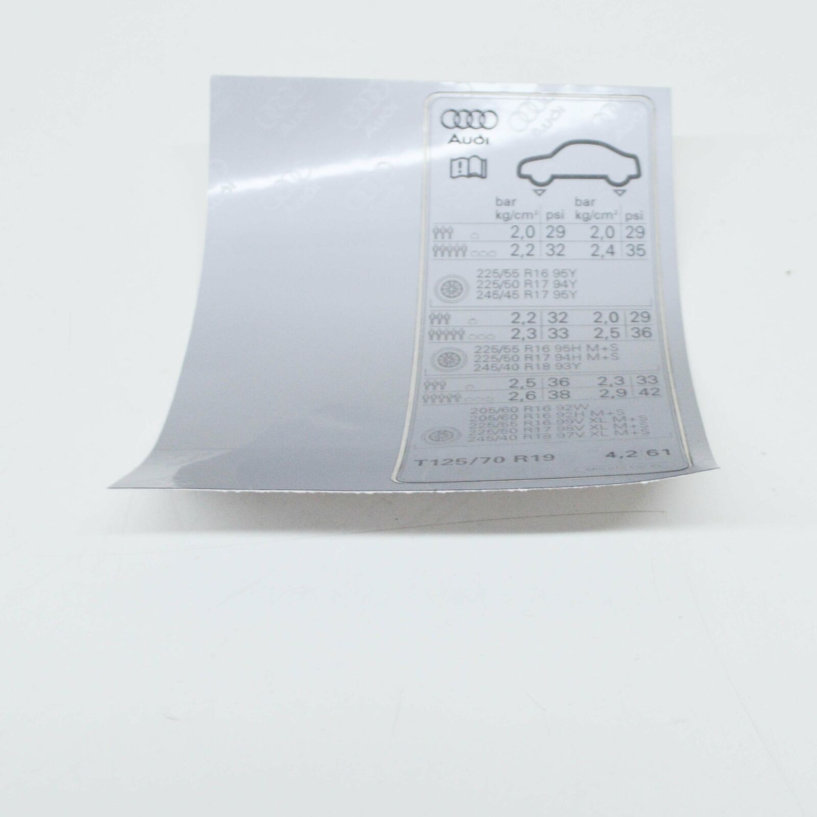 NEW AUDI A4 B8 TYRE PRESSURE DATA PLATE 8K0010502KL ORIGINAL 2 NEW AUDI A4 B8 TYRE PRESSURE DATA PLATE 8K0010502KL ORIGINAL - Image 2