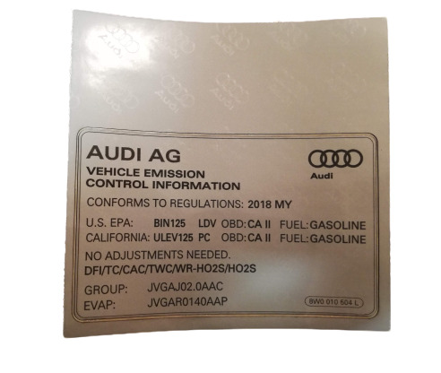 NEW AUDI A4 B9 EMISSION VALUES DATE PLATE 8W0010504L ORIGINAL 2 NEW AUDI A4 B9 EMISSION VALUES DATE PLATE 8W0010504L ORIGINAL - Image 2