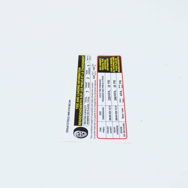 NEW AUDI Q7 4M TYRE PRESSURE NOTICE LABEL 4M0010502AH ORIGINAL - Image 3