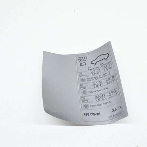 NEW AUDI Q5 8R TYRE PRESSURE DATA PLATE 8R0010502CA ORIGINAL - Image 3
