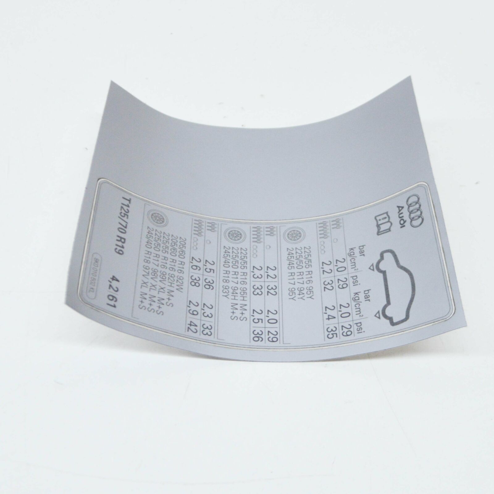 NEW AUDI A4 B8 TYRE PRESSURE DATA PLATE 8K0010502KL ORIGINAL 4 NEW AUDI A4 B8 TYRE PRESSURE DATA PLATE 8K0010502KL ORIGINAL - Image 4