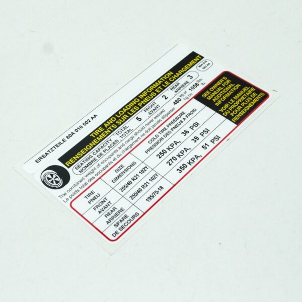 NEW AUDI Q5 FY 80A TYRE PRESSURE DATA PLATE 80A010502AA ORIGINAL - Image 4