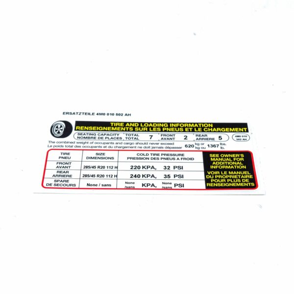 NEW AUDI Q7 4M TYRE PRESSURE NOTICE LABEL 4M0010502AH ORIGINAL - Image 4