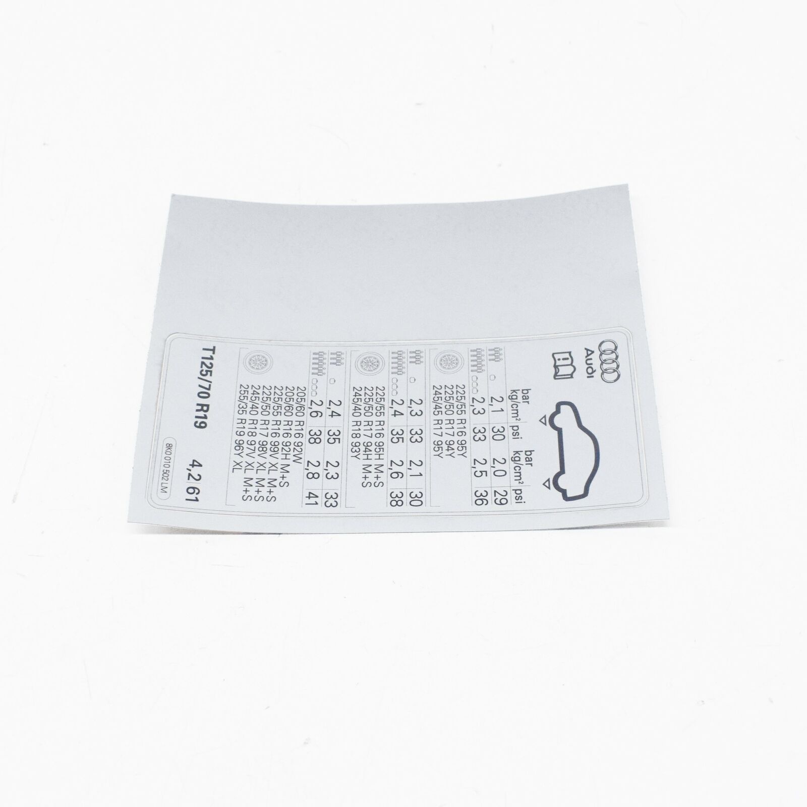 NEW AUDI A4 B8 TYRE PRESSURE DATA PLATE 8K0010502LM ORIGINAL 5 NEW AUDI A4 B8 TYRE PRESSURE DATA PLATE 8K0010502LM ORIGINAL - Image 5