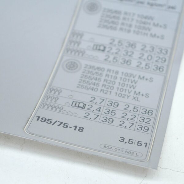 NEW AUDI Q5 FY 80A TYRE PRESSURE DATA PLATE STICKER 80A010502L ORIGINAL - Image 7