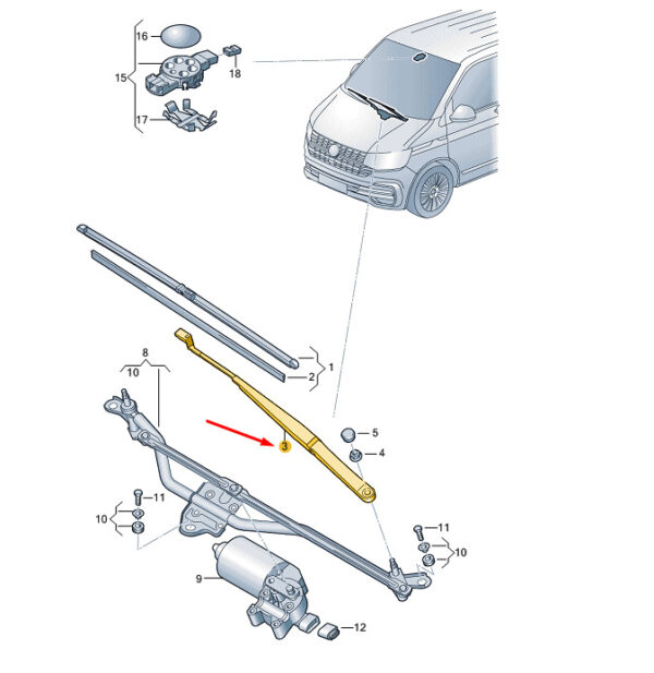NEW VW TRANSPORTER T6 FRONT RIGHT AERO WIPER ARM RHD 7E2955410D ORIGINAL - Image 7