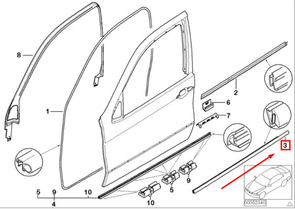 BMW X5 E53 window channel cover front right 51328251592 8251592 NEE ORIGINAL
