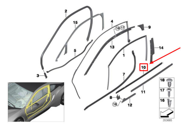 BMW i8 I12 door window strip front right 51337312990 7312990 NEW ORIGINAL - Image 4