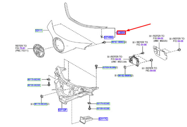 53395F4010 Toyota C-HR MK1 gasket between bonnet and radiator grille 51395F4010 part