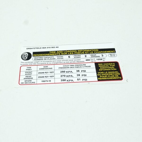 NEW AUDI Q5 FY 80A TIRE PRESSURE DATA PLATE 80A010502AAA ORIGINAL - Image 3