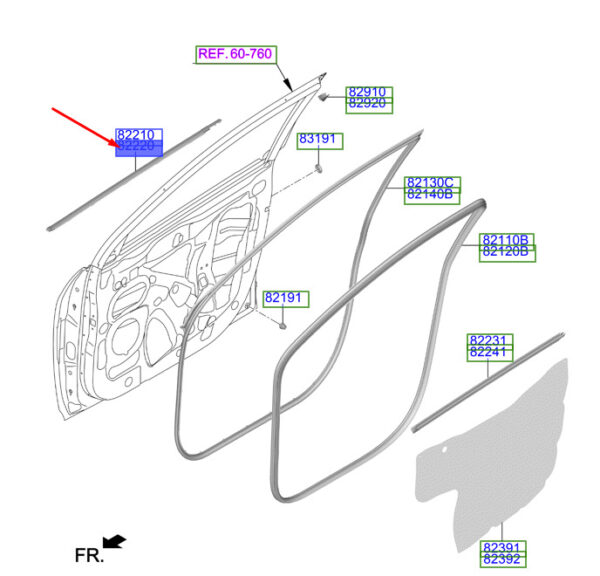 82220J9000 Hyundai Kona MK1 Door Rubber Front Right 82220J9000 NEW ORIGINAL